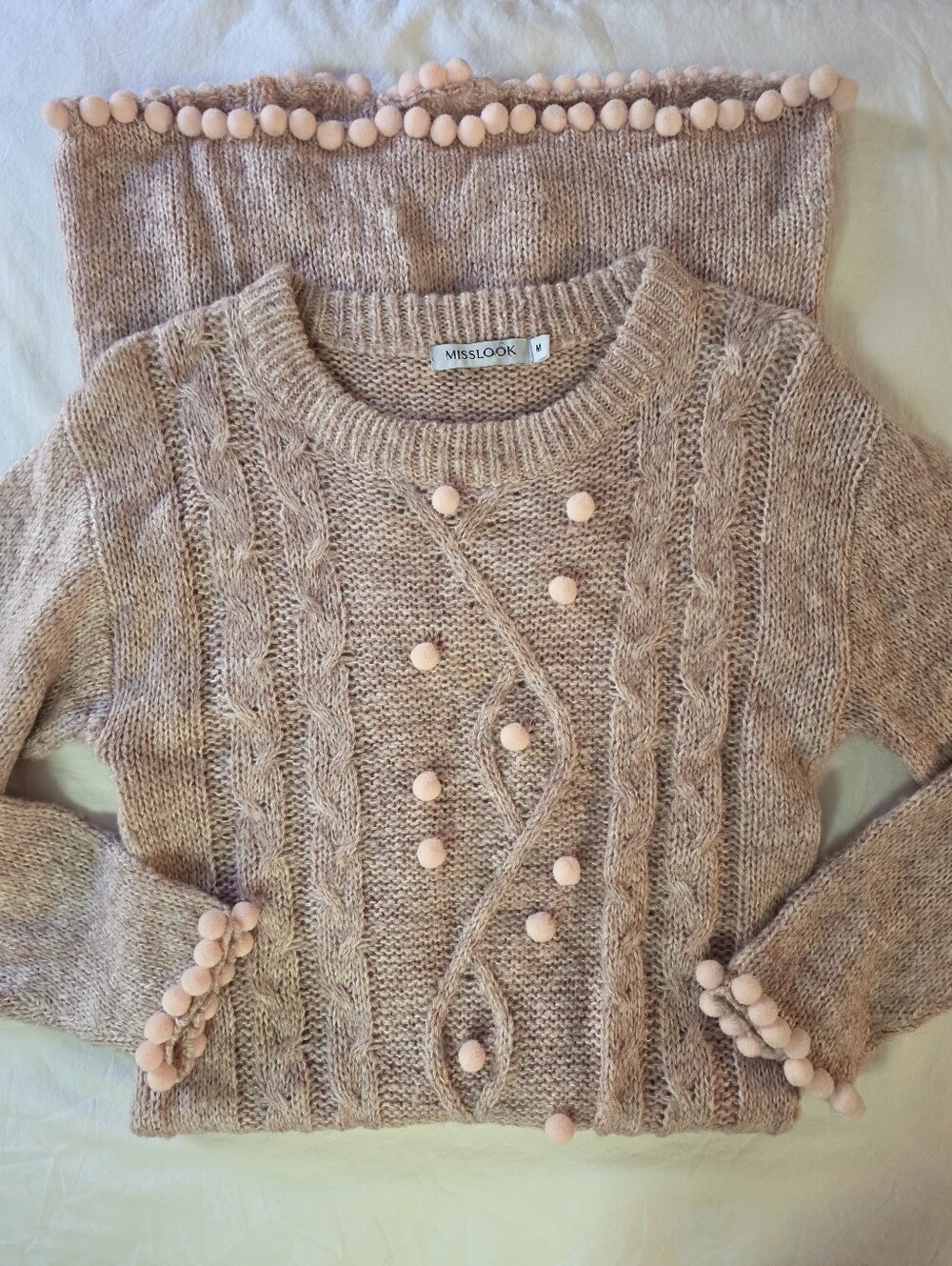 Misslook Dusty Pink Cable Knit Pom Pom Long Sleeve Sweater Maxi Dress Size M